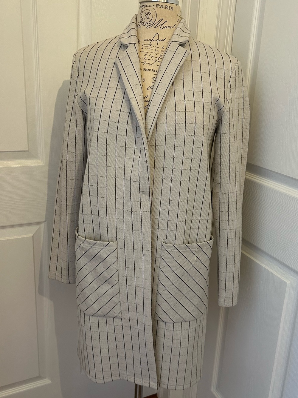 Anthropologie Harlyn Women's Cream Pinstripe Long Blazer Coat